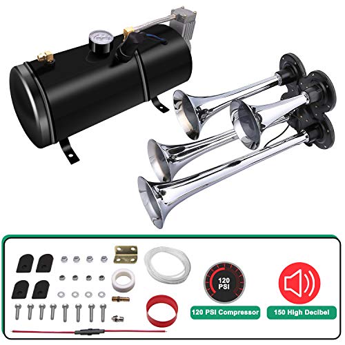 Carfka Air Horn for Truck Boats Car, 150DB Super Loud Train Horns Kit with 120 PSI Air Compressor, 4 Trumpets Horn, Silver, Vans,Tractors,Trains,Camper, RVâ€™s, Off Road Vehicles
