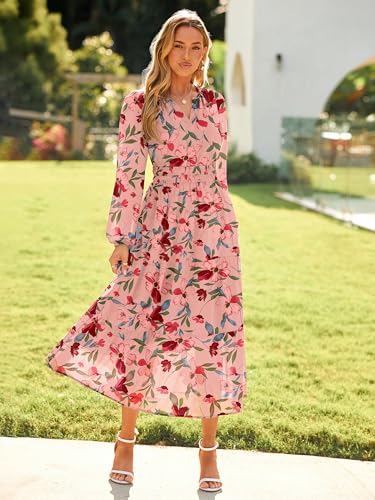 Simplee Women\'s Floral Boho Long Sleeve Maxi Dress V Neck Empire Waist Swing Flowy Wedding Guest Dress Pink Floral L