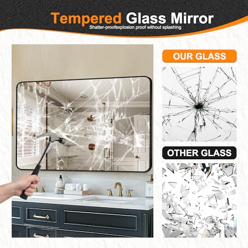 Image of Delma Bathroom Vanity Mirror, Black Framed Mirror for Over Sink, 55x30 | HD glass, distortion-free for makeup and grooming, Sturdy frame, all mounting hardware, hangs horizontal or vertical