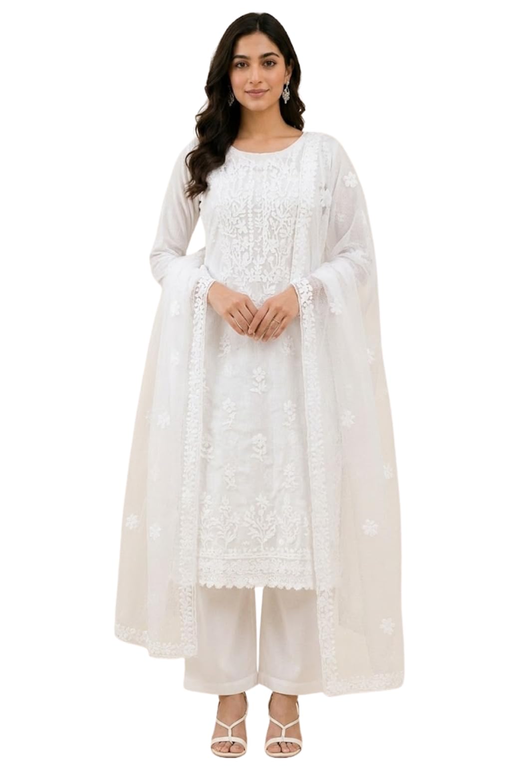 White Floral Embroidered Kota Doria Dress Material | Unstitched Suit Set with Santoon Bottom, Inner & Kota Doria Dupatta for Women-image-20