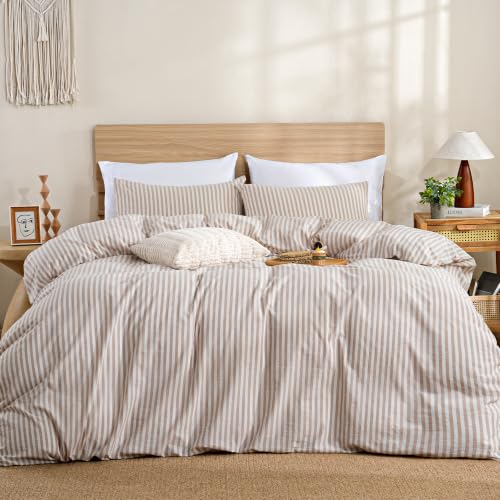 Image of TOCOMOA Brown Striped Duvet Cover Set 100% Washed Cotton Like Linen, King | Linen-Like Feel Soft, Breathable & Comfy for All Season. Lightweight Bedding Set with Zipper & 8 Ties. 3 Pcs, No Insert