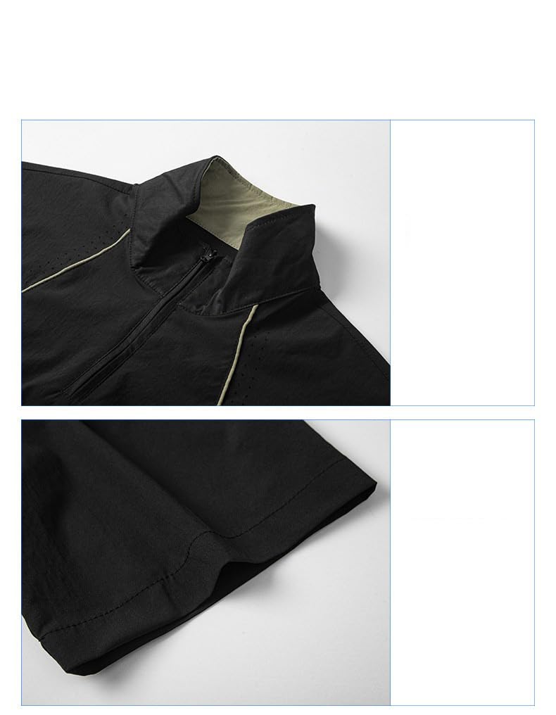 Conjunto Deporte Cremallera Media Cuello Alto Seda Hielo Transpirable Malla Camiseta Shorts-Black-XL