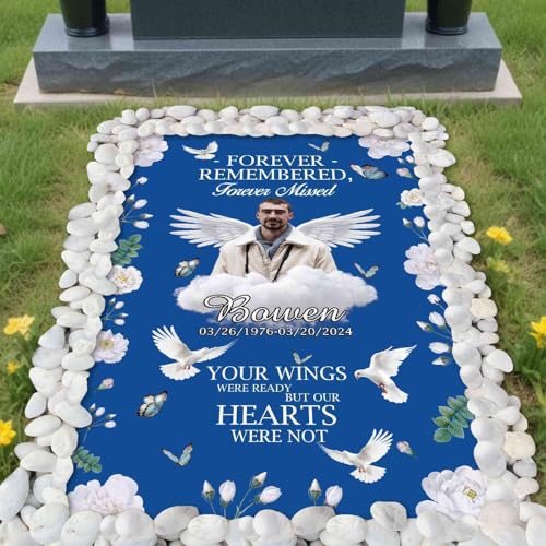 Vomokim Personalized Cemetery Decorations for Grave Waterproof Memorial Day Decoration for Grave Blankets for Cemetery Forever Remembered Forever Missed 1x3 Ft Blue