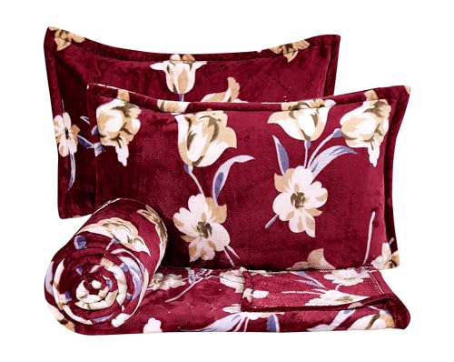 Image of Amor Super Soft 200 GSM Flannel Double Bedsheet with 2 Pillow Covers | Warm Printed Bedsheet for Double Bed (90 x 100 Inches) | Cozy Winter Bedding Set (Maroon)