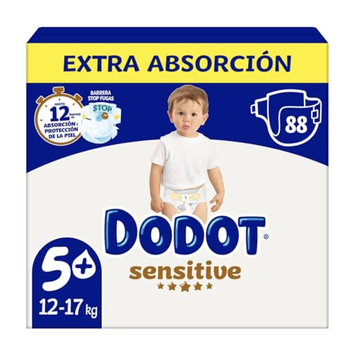 DODOT Sensitive Pañales Extra Absorción, 12-17 kg, Talla 5+, 88 Unidades, 12 Horas de Protección, con Barrera Stop Fugas