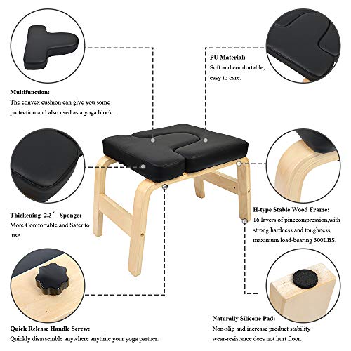 UNCHAIN Yoga Headstand Bench Wood Stand, Yoga Inversion Chair Stool Handstand with PU Cushion Pads, Solid Fitness Bench Perfect for Both Beginner and Experience Yogis (Black)
