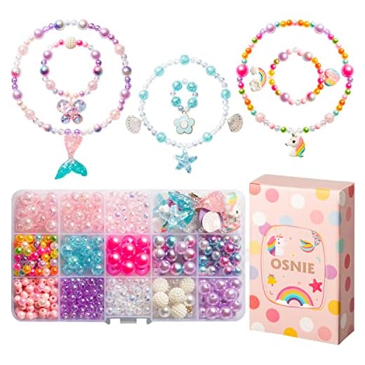 OSNIE DIY Bead Jewelry Making Kit for Kids Girls with Mermaid Starfish Shell Unicorn Rainbow Butterfly Heart Pearl Charms Beads for Bracelets Rings Necklaces Creativity Beading Kits Art Craft, 400Pcs+
