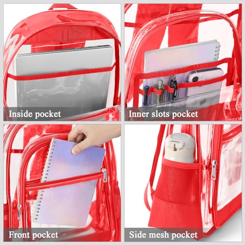 Image of KIMNERPU Clear Backpack, Heavy Duty PVC Transparent Backpack with Reinforced Straps, See Through Multiple Pockets Large Capacity Bookbag for Concert Work Security Travel Festival (Red)
