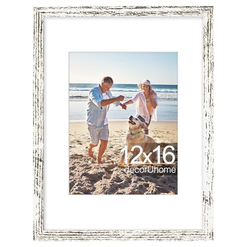 decorUhome 12x16 Picture Frame, Display 8.5x11 Certificate with Mat or 12x16 Poster without Mat, Wall Mounting Photo Frame, Distressed White, 1 Pack