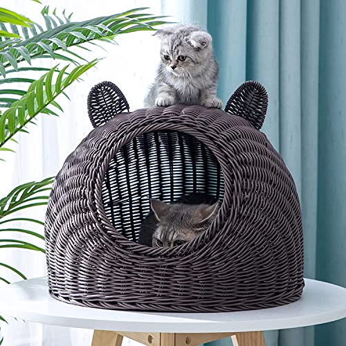 猫 ベッド 猫用 ペットベッド ラタン 猫かごネスト ドーム型 キャットハウス ねこ 38*38cm 小型犬 いぬ 犬用ベッド 兎 小動物用ケージ 藤編み 洗える オールシーズン 洗濯簡単 ベージュ 通気性 夏用 ござ付き クッション付き (L(マット付属