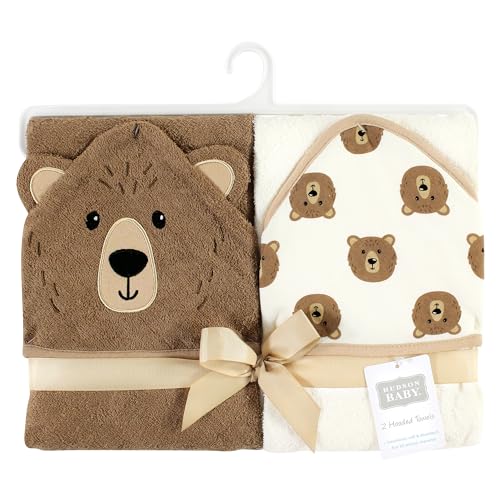 Image of Hudson Baby Unisex Baby Cotton Poly Animal Face Hooded Towel, Brown Bear 2-Pack, One Size