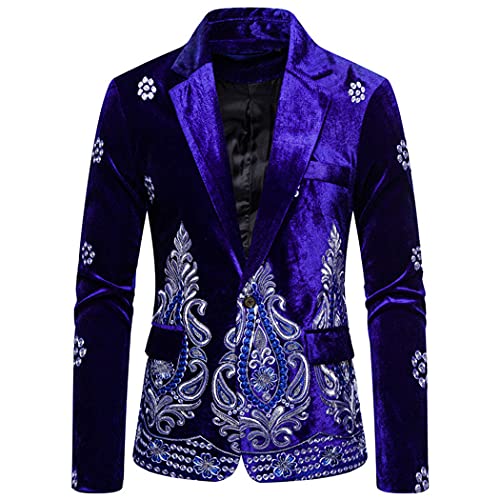 Mens Blue Velvet Floral Blazer, Silver Thread Embroidery Single Button Wedding Suits Coat, Social Veste Jacket3