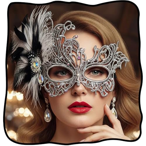 Maeaccx Feather Lace Masquerade Mask Venetian Ball Party Accessories for Women Carnivals Elegant Antifaz(Silver)