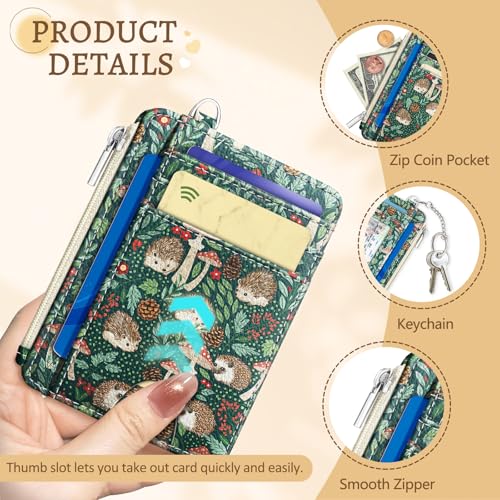 Image of Kelvoris Cute Hedgehog Credit Card Holder, Small Wallet Women, Slim RFID | Keychain, Zipper Coin Pocket, Front Pocket Thin Travel Card Case, Minimalist, 6 Card Slots, 1 ID Window, Ladies Gifts Woman