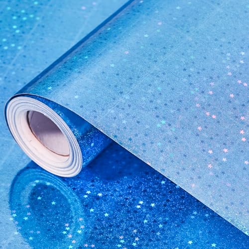 Blue Holographic Wrapping Paper Roll 43cm x 10m Blue Metallic Gift Wrapping Paper Shiny Stars Gift Wrap for Birthday Party Wedding Baby Shower Holiday Christmas