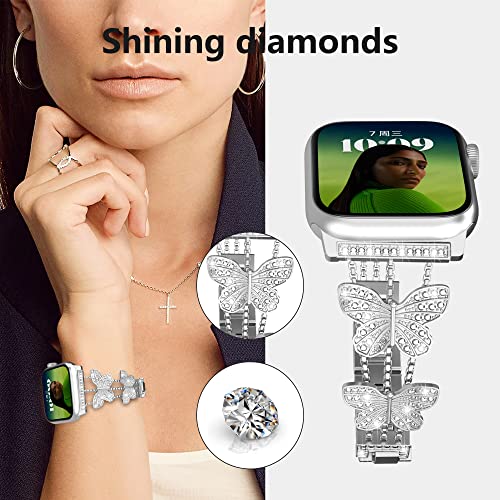 Dongmet Compatible With Apple Watch Band 49Mm 45Mm 44Mm 42Mm,Women Girl Shiny Bracelet,Bling Diamond Butterfly On Wristband For Iwatch Ultra 8 7 6 5 4 3 2 1 Se (42/44/45/49Mm, Silver) #TOP7