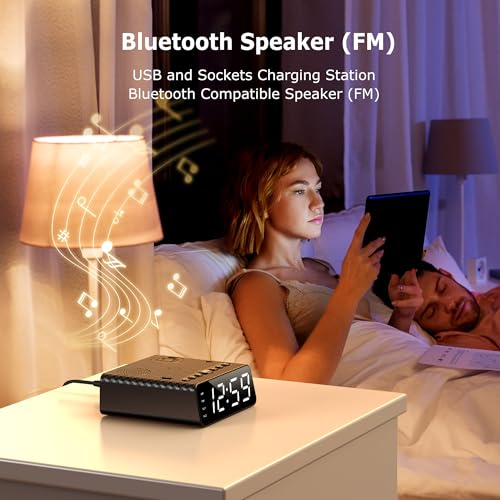 Yostyle Multifunctional Alarm Clock Power Strip: 2 USB & 1 AC Power Outlets, FM Radio & Speaker, 6Ft Extension Cord, Dimmable Digital Clock with Dual Alarm and Snooze Function - Ideal for Bedroom
