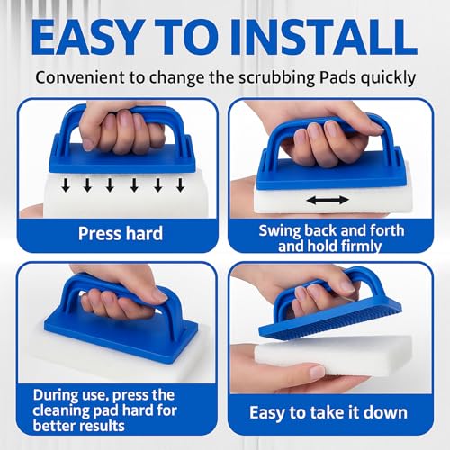 Image of 6 Pcs Hand Scrubber, Bathtub Scrubber with Handle, Non-Scratch Bathroom Scrubbing Pads for Cleaning Shower Tile Bathtube Sink Swimming Pool Step & Corner (Blue)