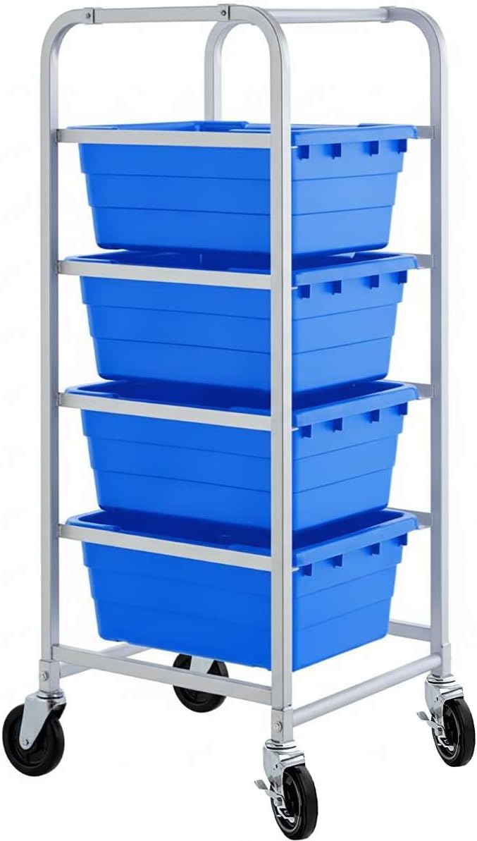 19"x26"x53" Mobile Aluminum Lug Rack with 4 White Tote Boxes – NSF Heavy-Duty Commercial Storage Cart with 5" Swivel Casters, Portable Food Prep & Dishroom Utility Rack – Freezer Safe, 4 Lug Capacity