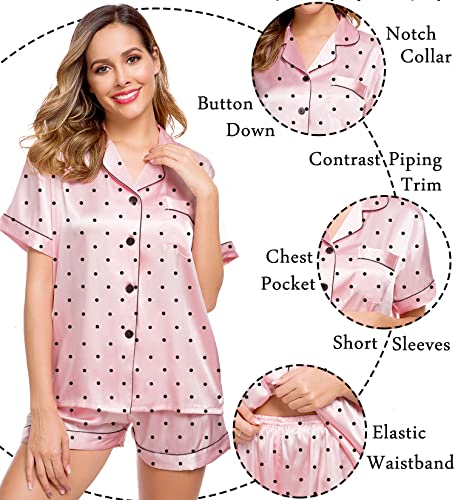 Image of LecGee Womens Silk Satin Pajamas Short Sleeve Loungewear Two-Piece Sleepwear Button-Down Pj Set
