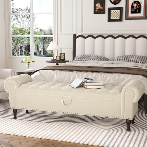 Apicizon End of Bed Storage Bench, Upholstered Bedroom Bench, 67" Beige