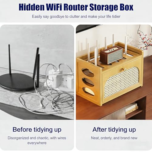 GRIPITHPY WiFi Router Hidden Box, Router Storage Cabinet Shelf Organizer for Modem, Cable Box, Accessories, with Cable Management, Hollow Decorative Hider for Power Strip(12x7.9x11in, Brown) - Thumbnail 3