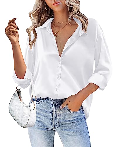 HOTOUCH White Blouse for Women Long Sleeve Silk Blouse Business Casual Button Up Shirt V Neck Dressy Satin Button Down Tops(White Small)