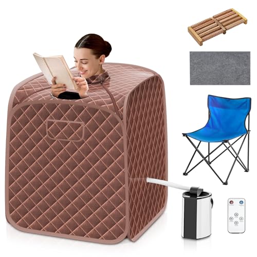 COSTWAY Portable Steam Sauna, 3L Foldable Sauna Spa with Remote Control, 9-Gear Temperature and Timer, Atomization Function, Personal Sauna Tent for Weight Loss, Detox Relaxation at Home (Coffee)