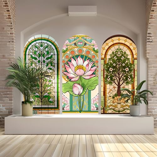 Image of Ridit Creation Stained Glass Window Style Wall Poster Set of 3 (120x90 cm) | Lotus Flower & Tree Design Decorative Wall Art | Modern Aesthetic Wall Posters for Living Room, Bedroom & Office Decor