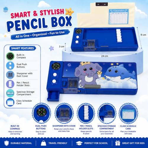 Image of ZAFCO Magnetic Plastic Pencil Box for Kids with Pop-Up Tray Built-in Compass Sharpeners Spacious Storage Pencil Case for Boys & Girls School Students -Pack of 1 (Blue Random)