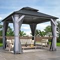 GARTOO 10' x 10' Outdoor Wood Gazebo - Permanent Wooden Hardtop Gazebo Pavilion with Double Curtains, Galvanized Steel Roof Cedar Wood Gazebos for Garden, Lawn, Poolside, Backyard Deck