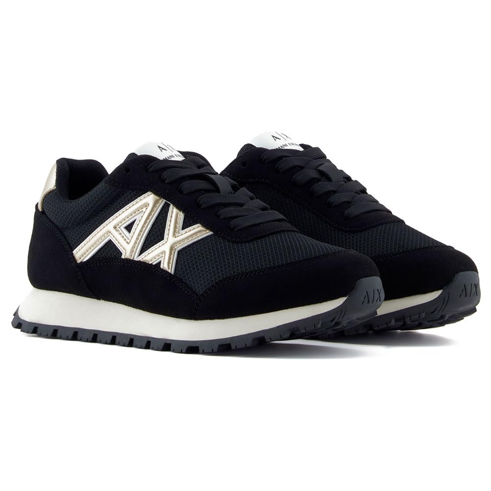 Armani Exchange Men's Side Geometric Logo Motifs Trainers, Black Pale Gold, 7 UK