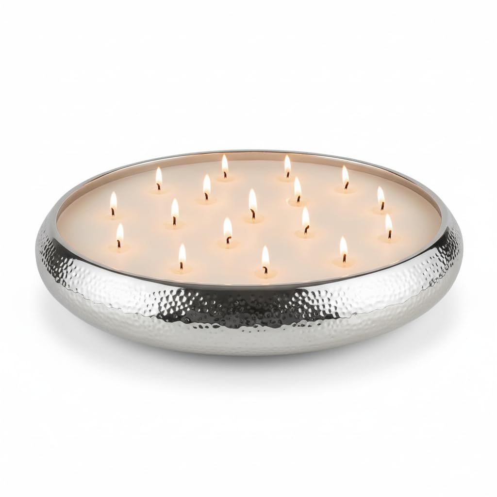 Rowen Homes Silver Aeolian 17 Wick Vanilla Scented Candle In Hammered Champagne Bowl (43Cm) - Luxurious Soy Wax Table Centrepiece, Perfect Home Decoration Gift, Elegant Interiors (Silver)