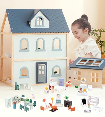 PairPear Wooden Dollhouse for Kids,3 Story Family Dollhouse with 64Pcs Furiture Accessories,Doll House Toy Gift for Kids Ages 3+