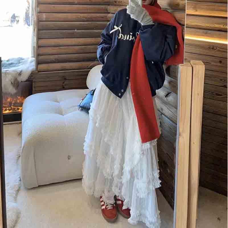 Women's Sweet Mesh Cake Skirt Splicing Versatile Irregular Long Skirt Half Body Skirt4