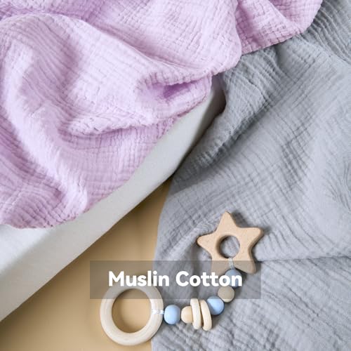Image of TILLYOU 2 Pack Muslin Crib Sheets for Boys and Girls, 100% Cotton Fitted Crib Sheet for Toddler 52x28 Standard Crib Mattress, Grey and Purple