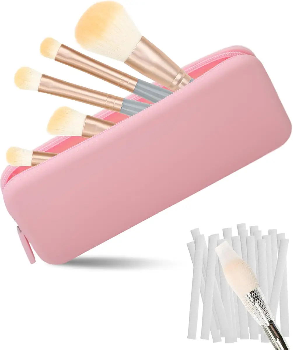 PGRODE Silicone Makeup Brush Holder Travel with 20 Pieces Makeup Brush Net Sleeve, Elegant Cosmetic Brushes Pouch Bag with Zipper, Sleek Travel Makeup Tools Organizer Bag (Light Pink)