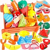 ENCOUN Jouets en Bois Fruits et Légumes, Jeux de Cuisine Enfants avec Bois Panier, Fruits...