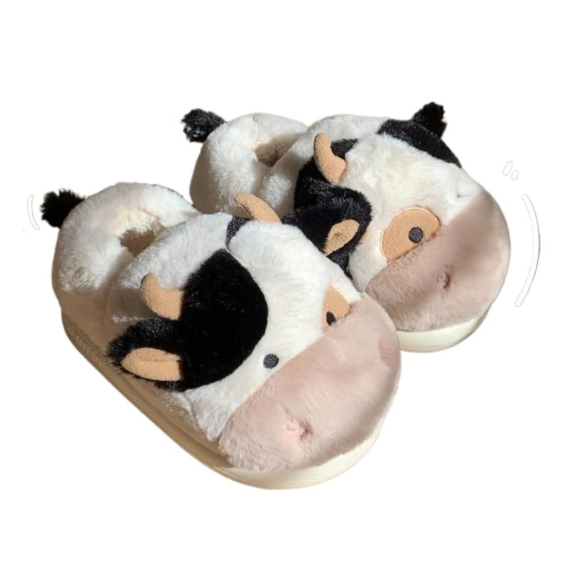Kawaii Cow Slippers for Women Teen Girls Fuzzy Home Slippers Fluffy Soft Plush Warm House Slippers for Women Men (7,White,8)