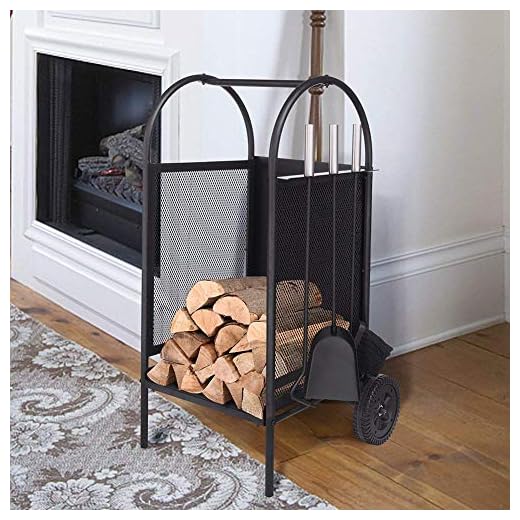 ART TO REAL Firewood Rack Log Cart with Large Wheels, Firewood Mover with 3 Fireplace Tool Set Fireplace Log Carriers Holders Black Wrought Iron Firepit Firewood Cart, 31.5'' x 14'' x 14''