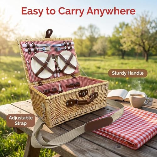 Image of Multifunctional Wicker Picnic Basket Set for 4 Blanket Family Folding Wine Table,Insulated Portable Extra Big Storage Capacity Woven Rattan Canasta De Full Tablewares Camping Outdoor Flowers Pink