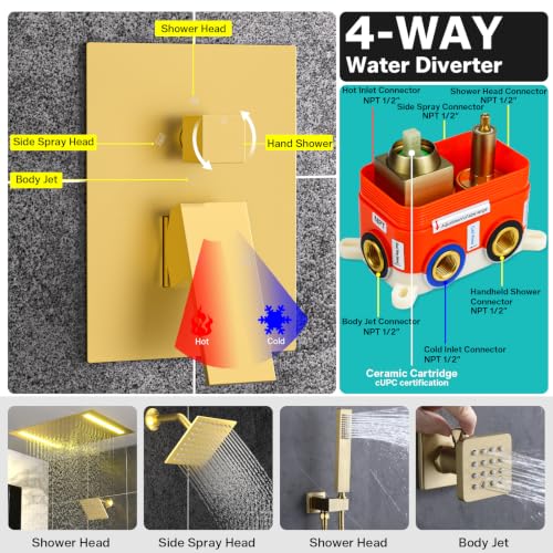 Sistema de ducha LED dual ENGA, ducha de lluvia grande de 14" x 20" + ducha de pared de 6", 4 chorros corporales con encendido/apagado individual y presión ajustable del agua, juego de grifería de ducha de lluvia, dorado cepillado miniatura 6