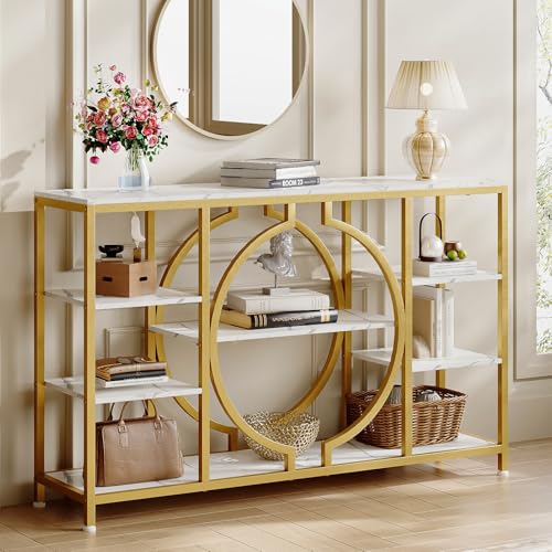 GiftGo 47 Industrial Console Tables for Entryway Rustic Sofa Table Behind Couch 4 Tier Wooden Shelves Entry Table with Storage for Foyer Hallway Front Door Living Room (White Gold 47)