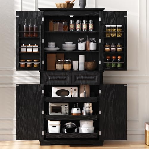 Image of Ball & Cast 71″Tall Farmhouse Kitchen Pantry Cabinet with 3 Pull Out Shelves & 2 Large Drawers,Versatile Pantry Storage Cabinet w / 6 Door Shelf & Adjustable Shelves for Kitchen,Dining Room,Black