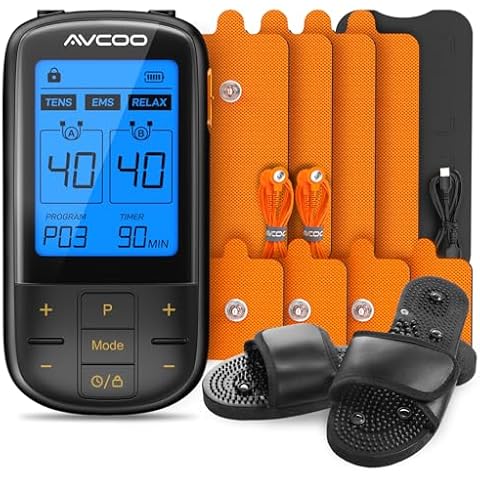 AVCOO 32 Modes TENS Unit Muscle Stimulator with Reflexology Slippers for Plantar Fasciitis, 3-in-1 Rechargeable Electronic Pulse Massager with 40 Intensities for Pain Relief Therapy, 8 Pads, Black Cover