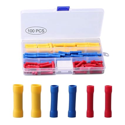 100 PCS Straight Wire Butt Connector, Fully Insulated Butt Splice Connectors, Electrical Butt Crimp Connectors Automotive Cable Crimp Terminals, Blue Red Yellow