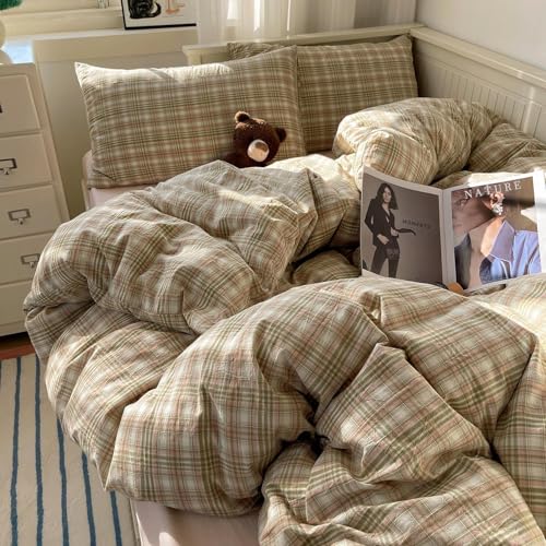 Image of mixinni Queen Duvet Cover Set - 3 Piece Washed Cotton Vintage Geometric Plaid Bedding Set with Zipper Closure, Soft & Breathable Green Pink White Buffalo Check Pattern for All Seasons