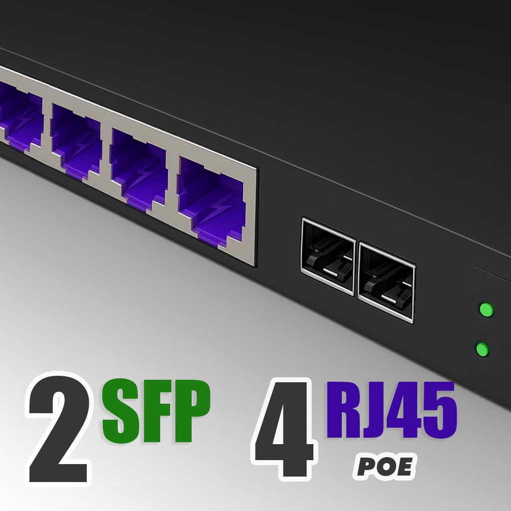 Elfcam® - Conmutador de Fibra óptica PoE con 2 Puertos SFP de 1,25 GB, 4 Puertos PoE Gigabit Ethernet 10/100/1000Mbps, Plug & Play no gestionado (4 Puertos PoE)