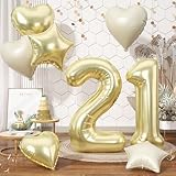 Biapian 40 Inch Gold 21 Balloon Number, Giant Light Gold 21 Balloon with Champagne Gold Cream Beige Heart Star Balloons Foil for Women Men 18th Birthday Party Baby Shower Anniversary Party Decorations
