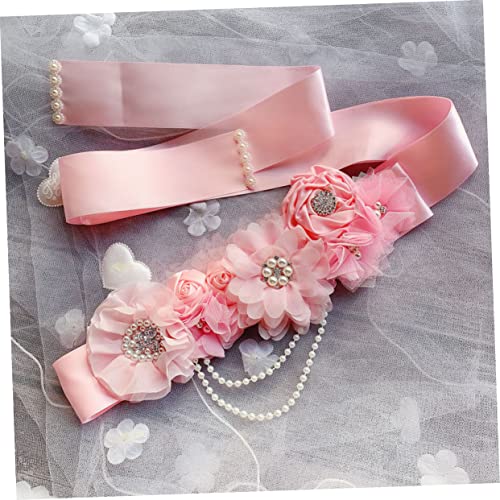 BESPORTBLE Pink Floral Pearl Rhinestone Maternity Waist Belt Decorative Girdle for Shower Wedding Dress Party Accessory Bridal Sash Dress Gown Belt3